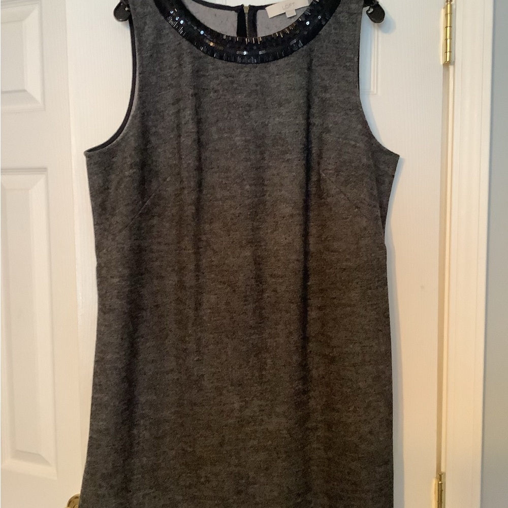 Beaded sleeveless shift dress. Gray tweed with black beading on collar. Back zip